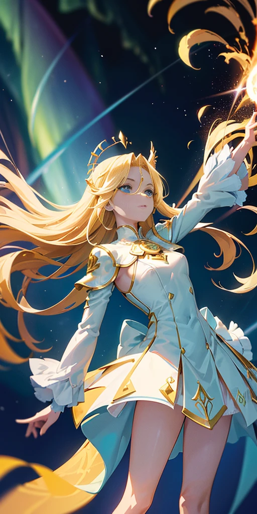 random view of the 4 cardinal points, ((The Enchantress surrounded by blue-gold energy mystical aurora with chaotic astral appearance, rays of light, atmosphere of chaos, field of fire and glowing fathoms)), (she has a symmetrical, angular and expressive face. Her eyes are green, her nose and mouth are medium in size. Her cheekbones are high and prominent, and her forehead is wide), (she is a tall and slender woman, with long blonde hair, her skin is pale. She wears a white dress with long sleeves and 30% miniskirt, bare thighs), The Sorceress comes with her winged helmet and the Staff of Zoar, legs open, standing in the main hall of the castle, intricate details, back side lighting, background golden blue mystical energy around