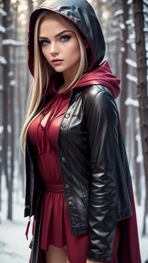 a young woman,sexy,detailed,beautiful blue eyes,stunning blonde hair,seductive little red riding hood outfit,hood,((full body focus)),photorealistic,masterpiece,8k,ultra-detailed,hyperrealistic,chiaroscuro lighting,cinematic,dramatic lighting,warm color palette,captivating gaze