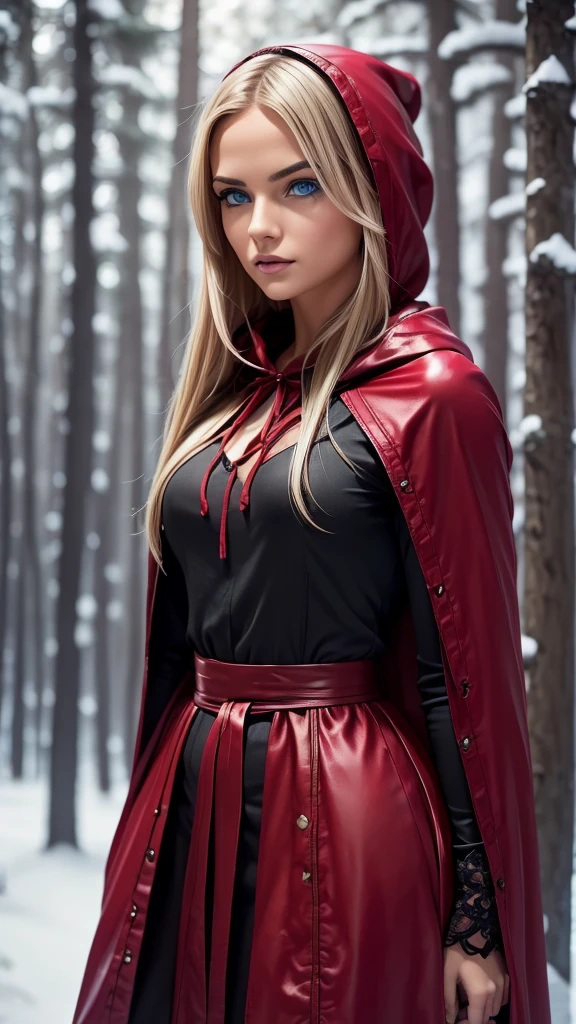 a young woman,sexy,detailed,beautiful blue eyes,stunning blonde hair,seductive little red riding hood outfit,hood,((full body focus)),photorealistic,masterpiece,8k,ultra-detailed,hyperrealistic,chiaroscuro lighting,cinematic,dramatic lighting,warm color palette,captivating gaze