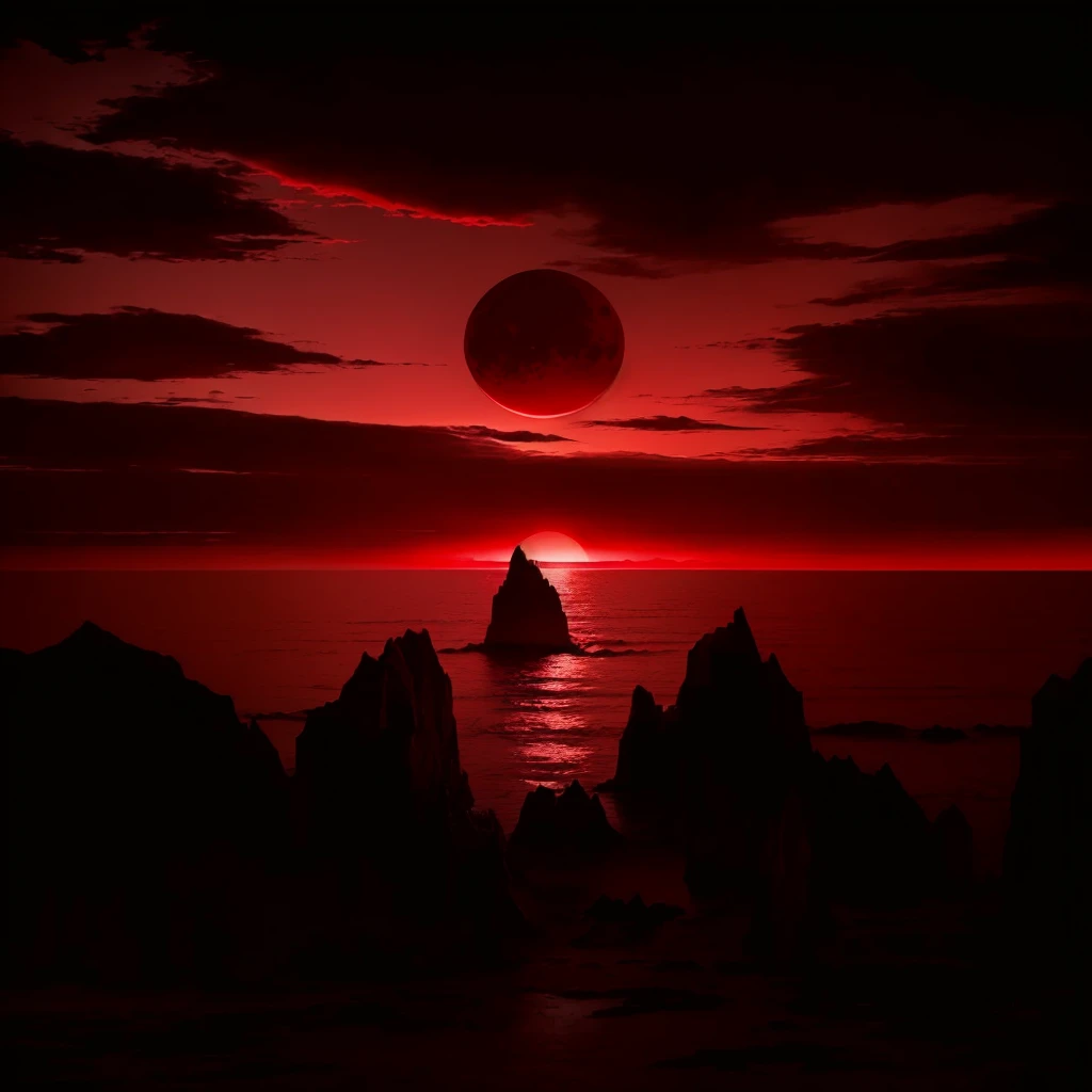 a red sunset with a black sky and a red sun, blood moon background, during a blood moon, blood red sky, hell background, red atmosphere, red eerie sky, red rising planet, blood red moon, bloody sunset, blood red colored sky, in a red dream world, intense watery glowing red eyes, sea of blood, blood moon