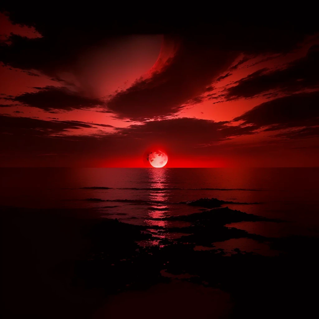 a red sunset with a black sky and a red sun, blood moon background, during a blood moon, blood red sky, hell background, red atmosphere, red eerie sky, red rising planet, blood red moon, bloody sunset, blood red colored sky, in a red dream world, intense watery glowing red eyes, sea of blood, blood moon