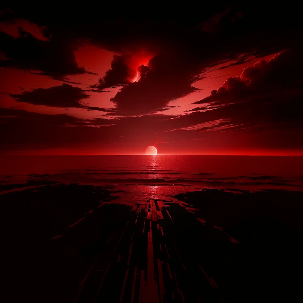 a red sunset with a black sky and a red sun, blood moon background, during a blood moon, blood red sky, hell background, red atmosphere, red eerie sky, red rising planet, blood red moon, bloody sunset, blood red colored sky, in a red dream world, intense watery glowing red eyes, sea of blood, blood moon