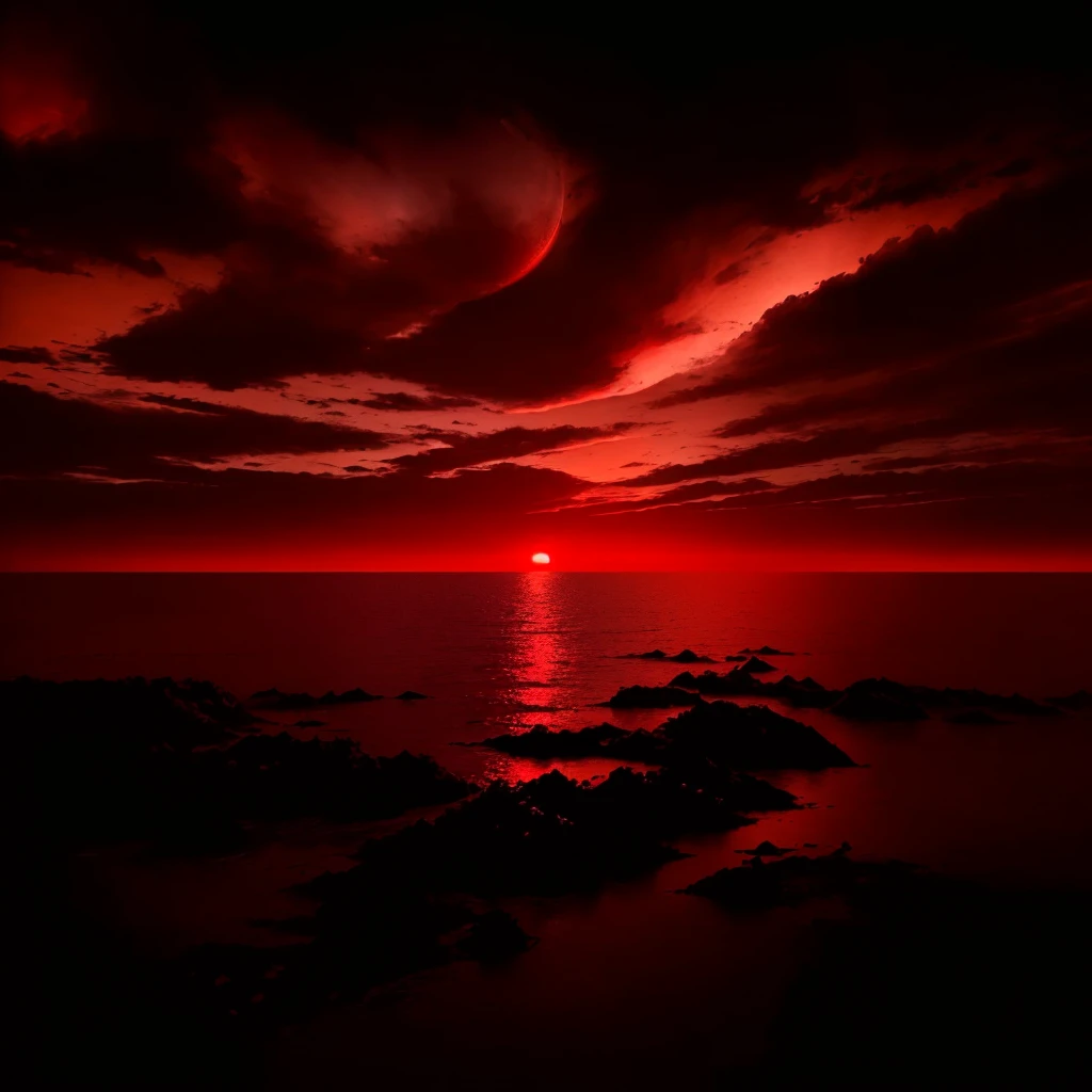 a red sunset with a black sky and a red sun, blood moon background, during a blood moon, blood red sky, hell background, red atmosphere, red eerie sky, red rising planet, blood red moon, bloody sunset, blood red colored sky, in a red dream world, intense watery glowing red eyes, sea of blood, blood moon