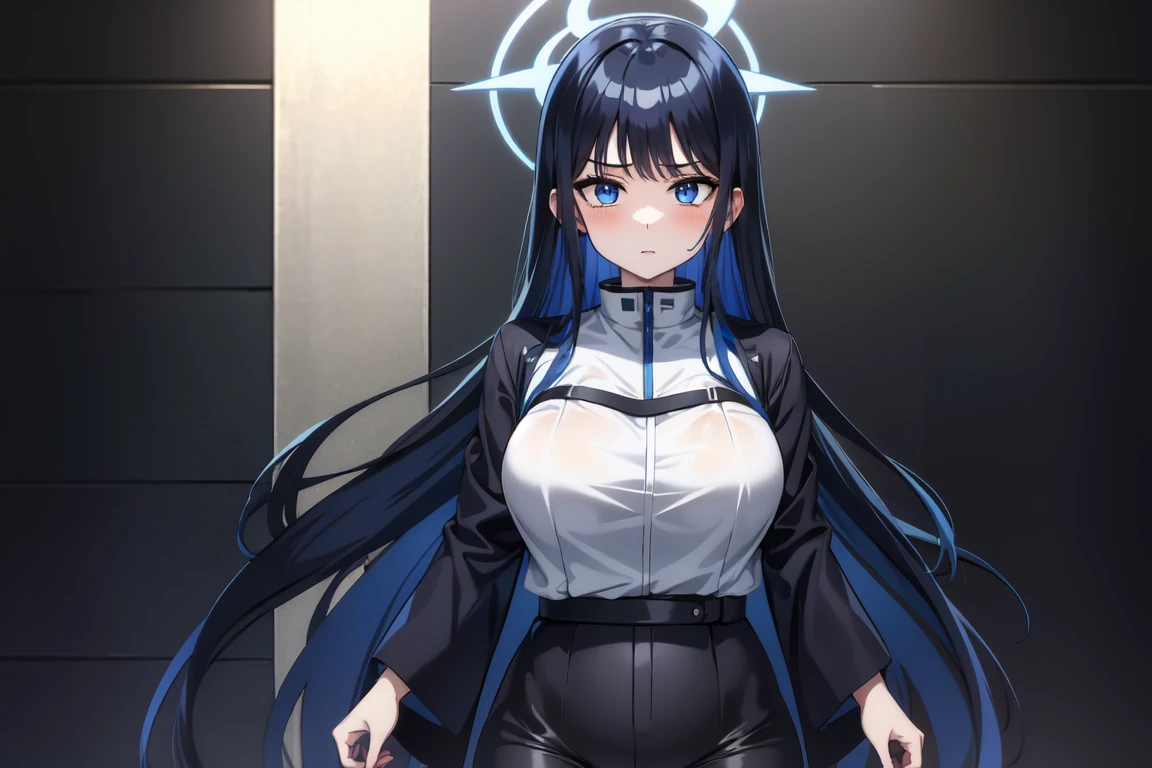 1girl,solo, saorijoumae, saori joumae, blue eyes, blue hair, halo, long hair, black jacket with high neck, black pants, cursed energy, japanese school