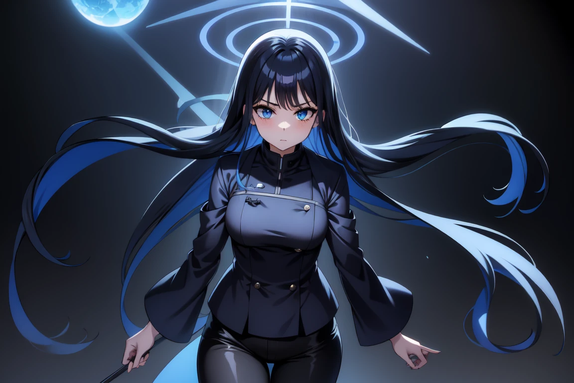 1girl,solo, saorijoumae, saori joumae, blue eyes, blue hair, halo, long hair, black jacket with high neck, black pants, cursed energy, japanese school