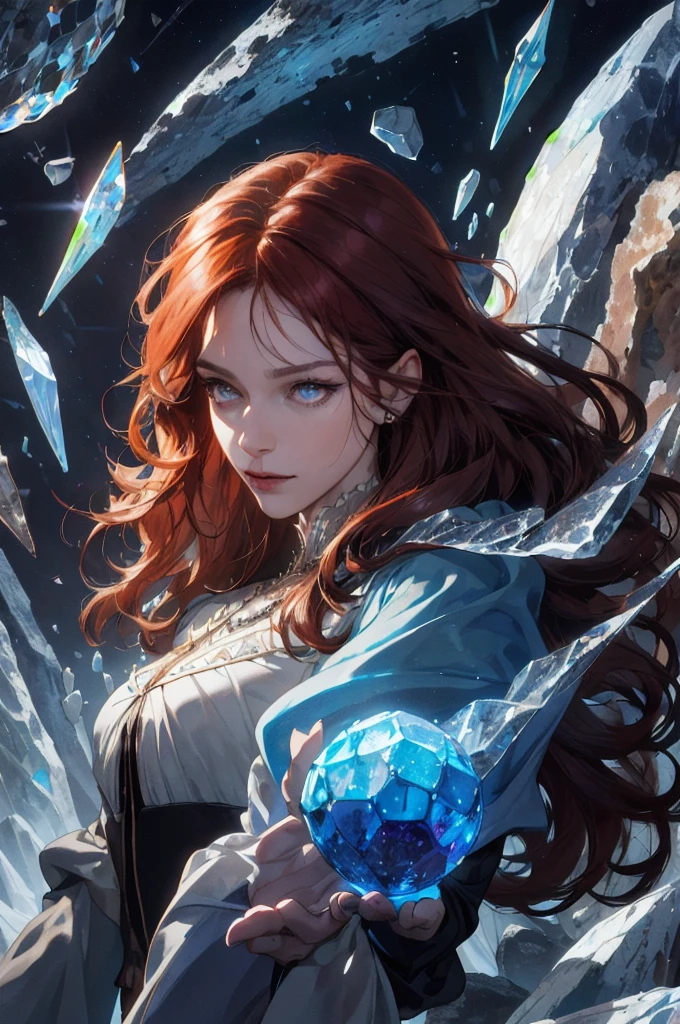 (absurdres, highres, ultra detailed), 1, mature female, aged up, wavy long hair, auburn hair, coral eyes, bangs, long sleeves, finely detailed eyes and detailed face, extremely detailed CG unity 8k wallpaper, intricate details, (style-swirlmagic:1.0),  looking at viewer, solo, upper body, detailed background, close up,  detailed face, (gothic dark ages theme:1.1), crystal sorcerer,  dynamic pose, earth themed clothes, crystal crown,  floating in the air, glowing magical shards, surrounded by blue magical crystals,  rock formations, stalactites,  magical floating particles, crystal glass,  crystal sphere, crystal canyon background, (shallow water:0.7),  epic ethereal atmosphere,   updraft,, portrait