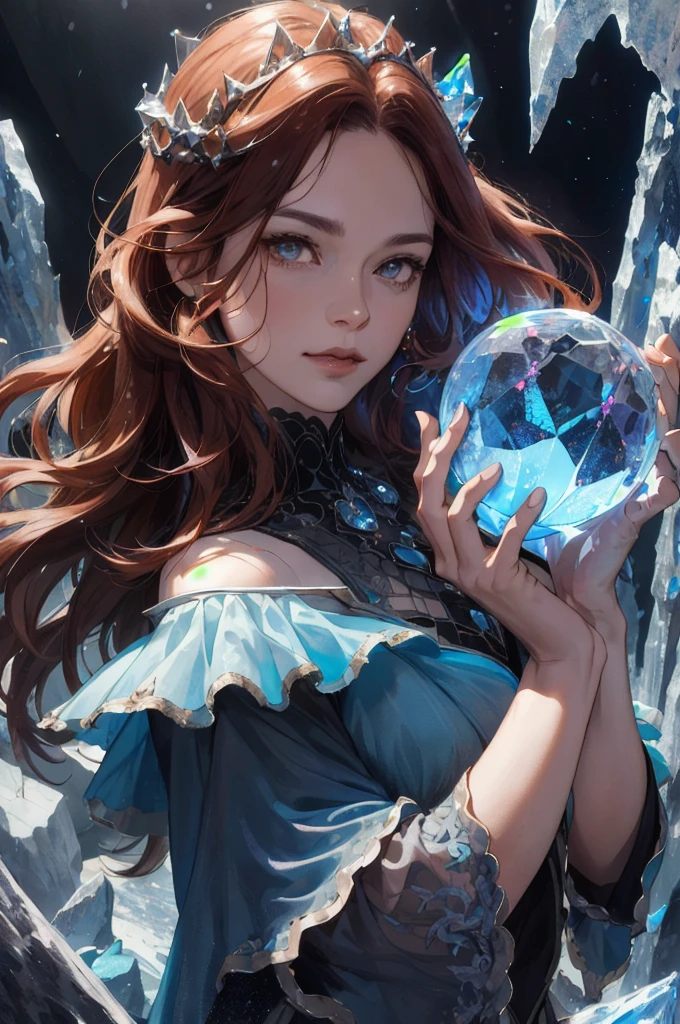 (absurdres, highres, ultra detailed), 1, mature female, aged up, wavy long hair, auburn hair, coral eyes, bangs, long sleeves, finely detailed eyes and detailed face, extremely detailed CG unity 8k wallpaper, intricate details, (style-swirlmagic:1.0),  looking at viewer, solo, upper body, detailed background, close up,  detailed face, (gothic dark ages theme:1.1), crystal sorcerer,  dynamic pose, earth themed clothes, crystal crown,  floating in the air, glowing magical shards, surrounded by blue magical crystals,  rock formations, stalactites,  magical floating particles, crystal glass,  crystal sphere, crystal canyon background, (shallow water:0.7),  epic ethereal atmosphere,   updraft,, portrait