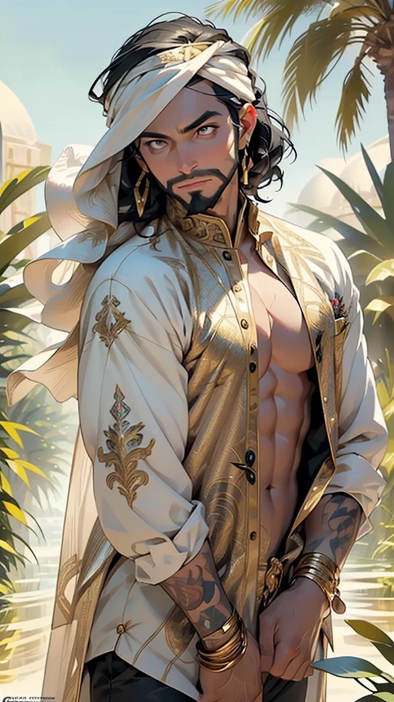 (man:1.5),1 man,male, muscle, 1boy, muscle, pectoral, muscular, Mature man,45 year,1 man,macho man,an extremely detailed face,((black hair,intricate cut hair,black hair)),(((black very short beard, black very short beard))), (((gold_eyes:1.3))),intricate eyes,beautiful detailed eyes,symmetrical eyes,perfect face, nice hair style,(perfect hands, five fingers), thicc, ((detailed face)),macho man,
(male arab prince),prince,
(((lustrous skin:1.5,tanned skin,bright skin: 1.5,skin tanned,shiny skin,very shiny skin,shiny body))),powerful,heroic,nsfw,
(((bare chest,naked torso))),blue tunic,gold buttons,swedish renaissance dress,scars,arabic necklace,earrings,ornate armor,arabic pants,((bulge in pants)),turban, arabic clothes, long robes, (white robes), bracers, traveler's shoulder bag,(((intricate outfit,embroidered outfit,ornate outfit,intricate clothes,embroidered clothes,ornate clothes))),
dynamic pose,looking at viewer,smug,(masculine attitude),centered,scale to fit dimensions,Rule of thirds,
outdoors,(Bedouin tents,Bedouin tents background),scenery,(oasis,oasis background),extremely scenery,(puddles everywhere,moss,moss on the background),clouds,arabian style,palms,(sunset, golden hour),
(Glossy arabian ornaments),highres,sharp focus,(ultra detailed,extremely detailed),(photorealistic artwork:1.37),(extremely detailed CG unity 8k wallpaper),(((vibrant colors,vibrant theme))),(intricate),(masterpiece),(best quality),artistic photography,(photography taken by sldr),(intricate background),perfect rendered face,perfect face details,realistic face,photo realistic,((intricate detail)),(((realism))),