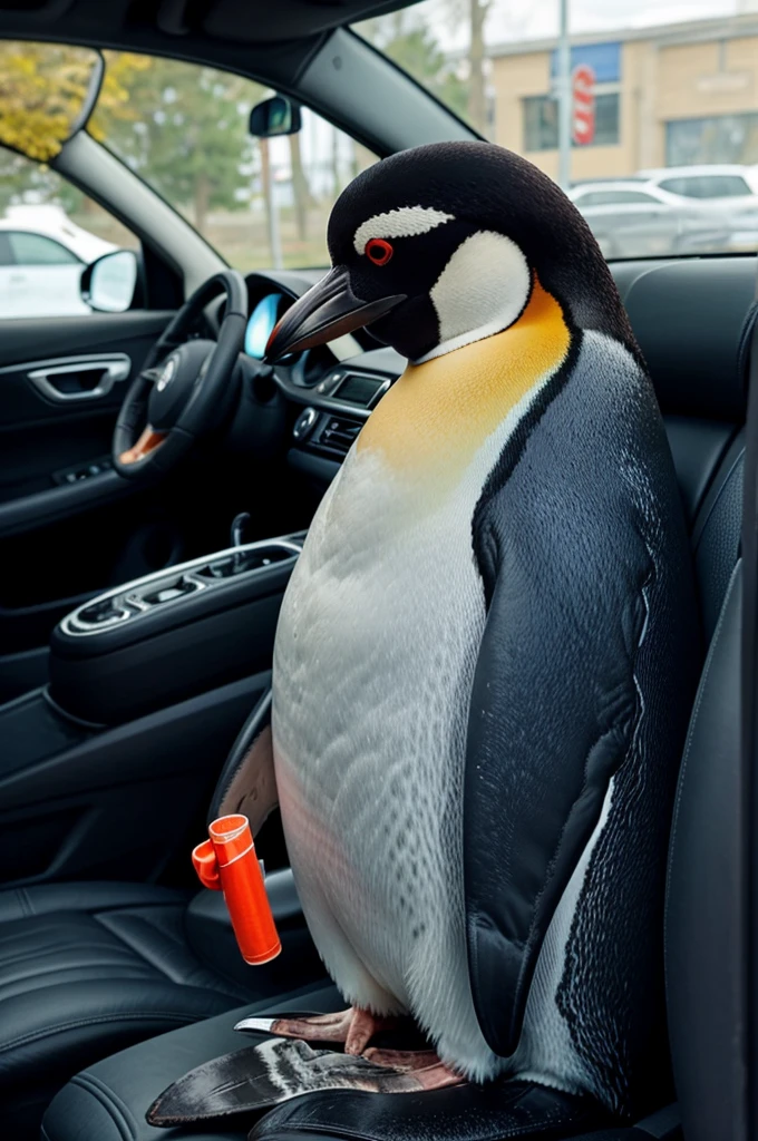 A penguin smoking in a car