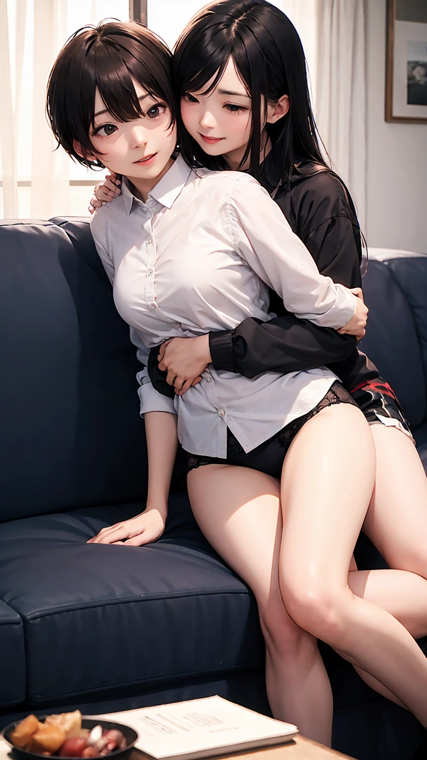 Highest quality、4K quality、Man sitting on sofa、A woman in underwear straddles a man、A man hugs a woman's breastan lays hands on woman'between legs、thin、Small face、、