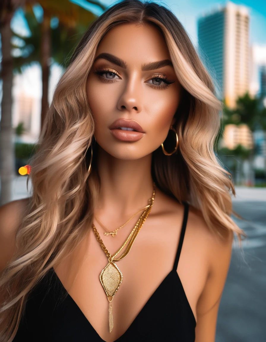 (best quality,4k,highres, highres face details), blonde long straight hair, 18 years old, instagram model, 36DD fake breast, fake lashes, fake lips, dark makeup, perfect skin, tan skin, she is skinny, she is caucasian, she is wearing a black dress, high heels, slim gold chain, she is in miami, downtown miami, walking down the street, hugh fake breast