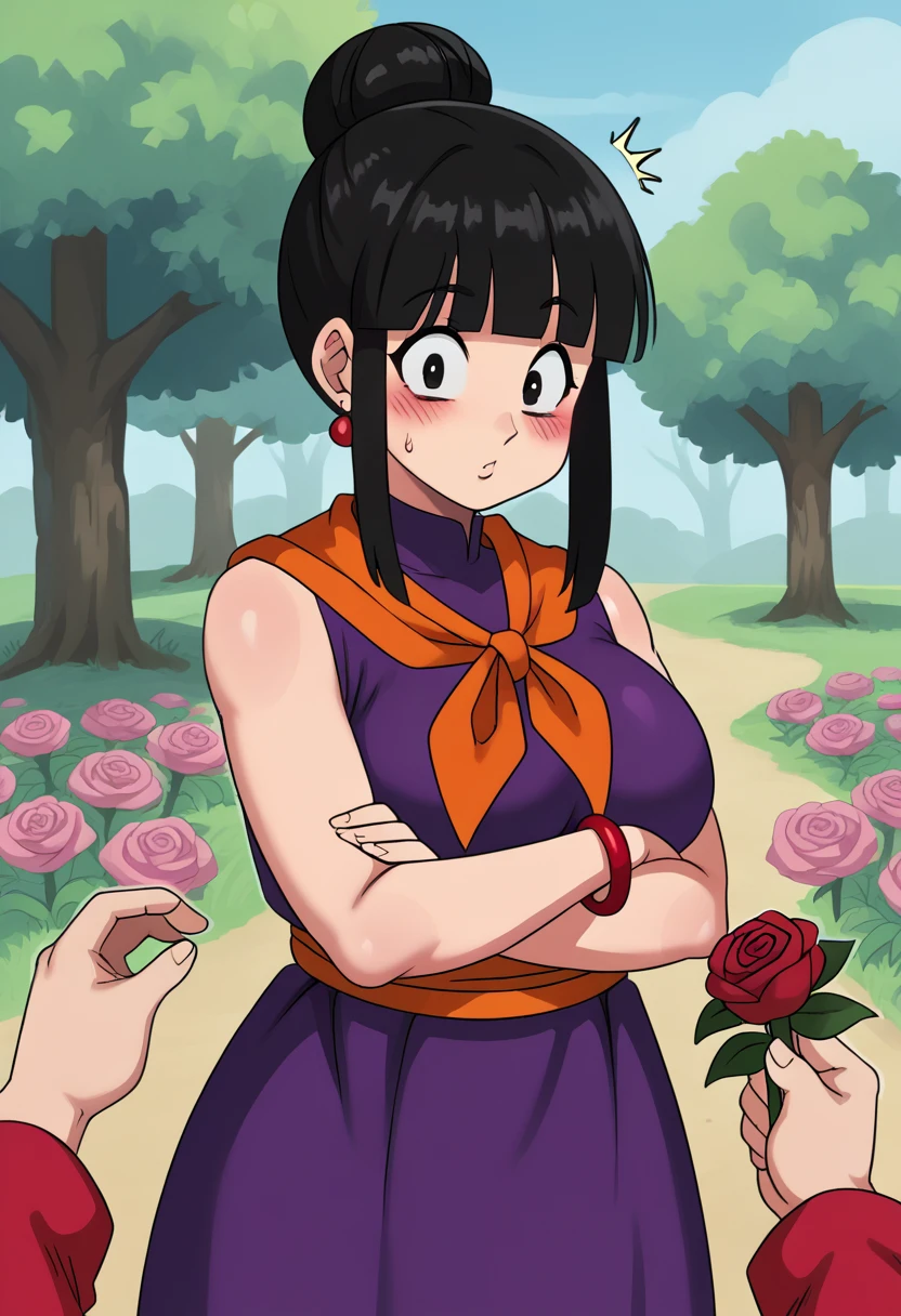 source_anime, score_9, score_8_up, score_7_up,8k, absurd res, chi-chi, 1girl, solo, looking at viewer, bangs, tree, black hair, outdoors,  standing, upper body, sidelocks, earrings, blunt bangs, hair bun, black eyes, red bracelet, crossed arms, single hair bun, purple dress, orange neckerchief, , orange sash, sleeveless,   S2Z0n1c21.5XL style, huge breasts, PovGifting, pov hands,  holding flowers, flower, roses, surprised, blush,
