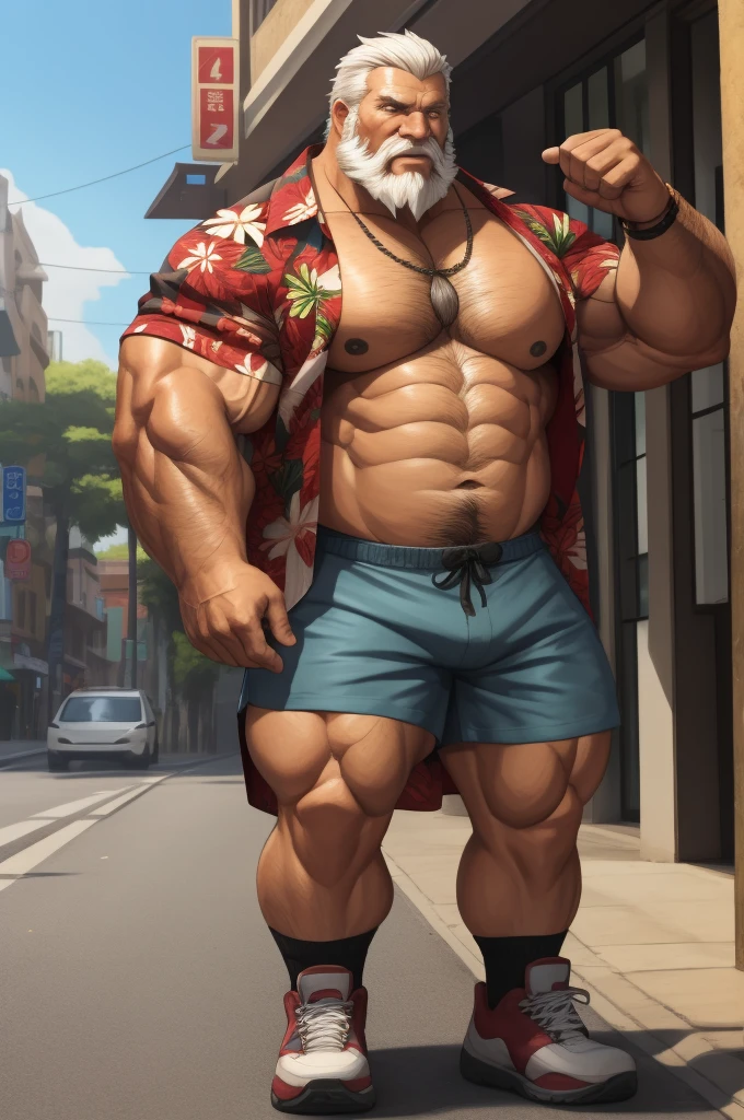 Huge muscular old man in street old man, bearded. white hair and beard, bearded, muscular, pectoral, wide pectoral, thick arms, massive muscular, realistic, 8k, masterpiece, (wearing shorts and white Hawaiian shirt, shoes)