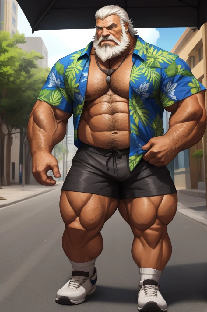 Huge muscular old man in street old man, bearded. white hair and beard, bearded, muscular, pectoral, wide pectoral, thick arms, massive muscular, realistic, 8k, masterpiece, (wearing shorts and white Hawaiian shirt, shoes)