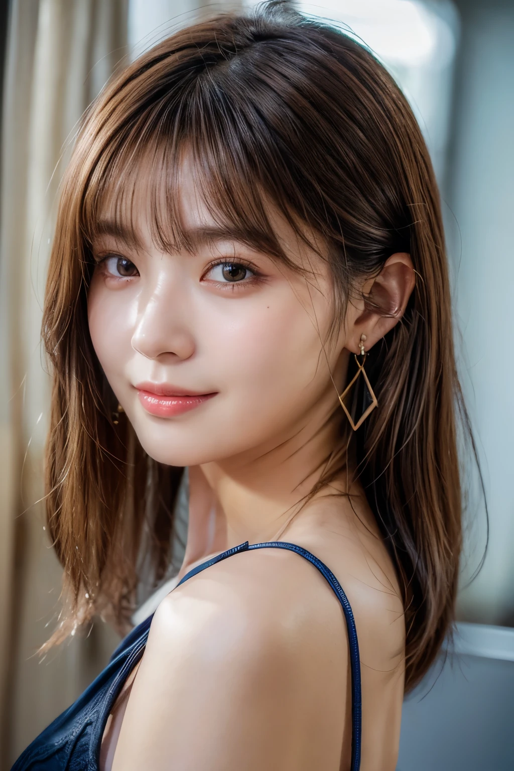 Upper Body、Beauty、Well-formed face、20-year-old、Uniform eyes、Small face、, light brown hair, hair over shoulder, parted bangs, straight hair, expressive hair, shiny hair, earrings, seductive smile, Surrealism, cinematic lighting, first-person view, pov, f/1.2, Nikon, UHD, textured skin, best quality, highres, 8k