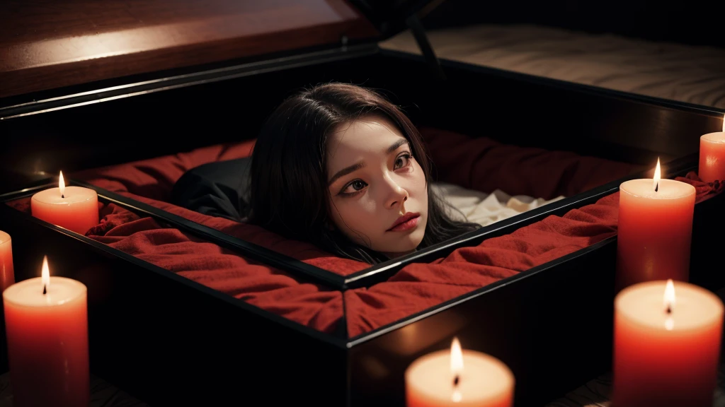Woman 20 years mother's funeral in coffin, black and red candles, scary night, terror