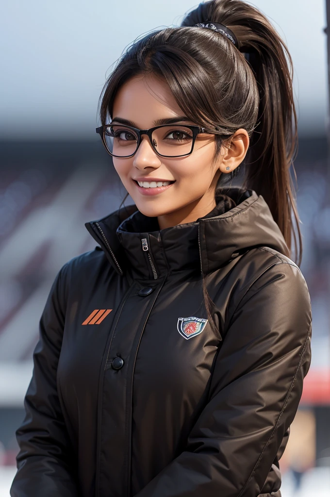 beautiful 25 year old woman from New Delhi, light brown ponytail hair, very attractive, smile, toned athletic body, wearing glasses, wearing black winter coat at snowy football stadium