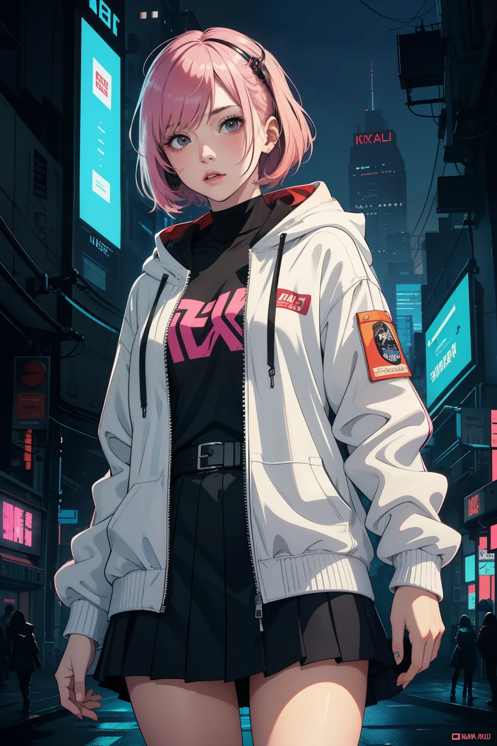 Create an anime-styled digital artwork featuring a cyberpunk inspired girl with pink hair wearing a white jacket and a black skirt. The first artwork should be in 4k resolution and depict the girl in a hoodie, giving off cyberpunk vibes. The second artwork should be in 8k resolution, showcasing an anime art wallpaper with a cyberpunk girl. Both artworks should have a high-quality anime artstyle and feature a portrait of a space cadet girl.