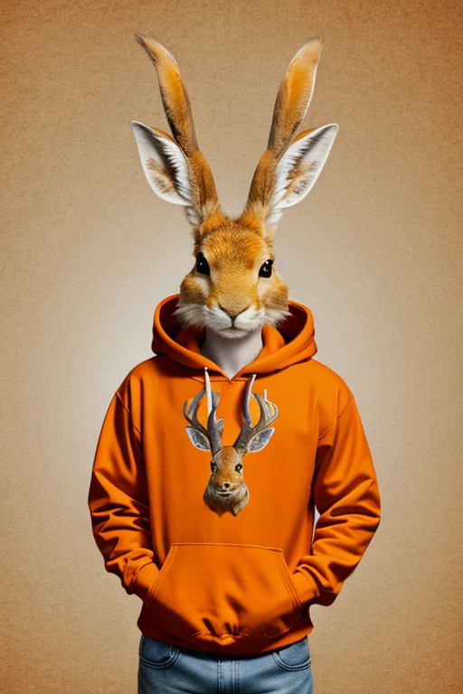 Orange jackalope wearing a hoodie