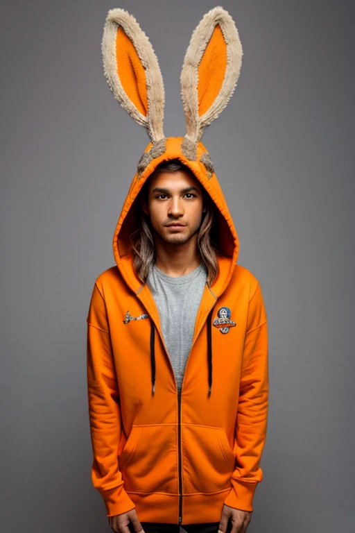 Orange jackalope wearing a hoodie