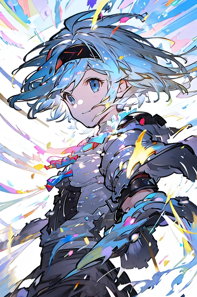 Djeeta 　Pure white background　Blue Hair　Black headband　Facing forward　looks strong　Black clothes