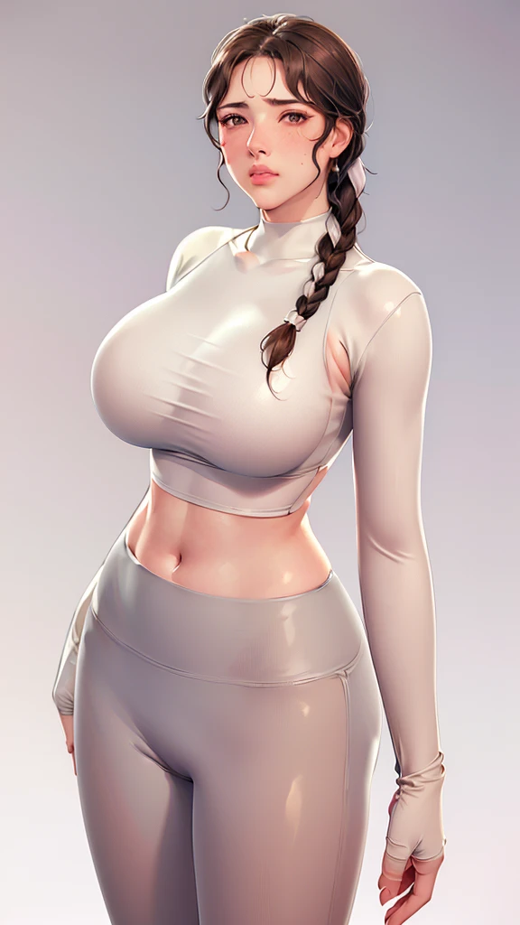 (（（Perfect body,White and tender skin,（（（Black yujiasuit, yoga pants, yoga long sleeves）））,（（（brown eyes, braid, long hair, braided ponytail, single braid, hair over shoulder, bangs, blush, lips）））,((masterpiece)),highres,((Best quality at best)),masterpiece,quality,Best quality,(（（ Exquisite facial features,Looking at the audience,There is light in the eyes,(（（frown，blush）））fitness，sports，from the side，）））,（（（Light and shadow,Huge breasts,）））,（（（Looking at the camera,White background)））)