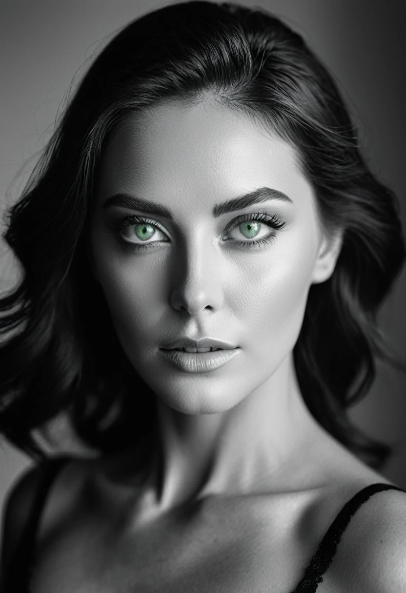 black and white, a woman with  green eyes, flawless skin, half body shot, whimsical photography style, captured with an Arriflex 35BL camera using Canon K25 prime lenses, cinematic, dramatic lighting, ultra clear, breathtaking surreal masterpiece.