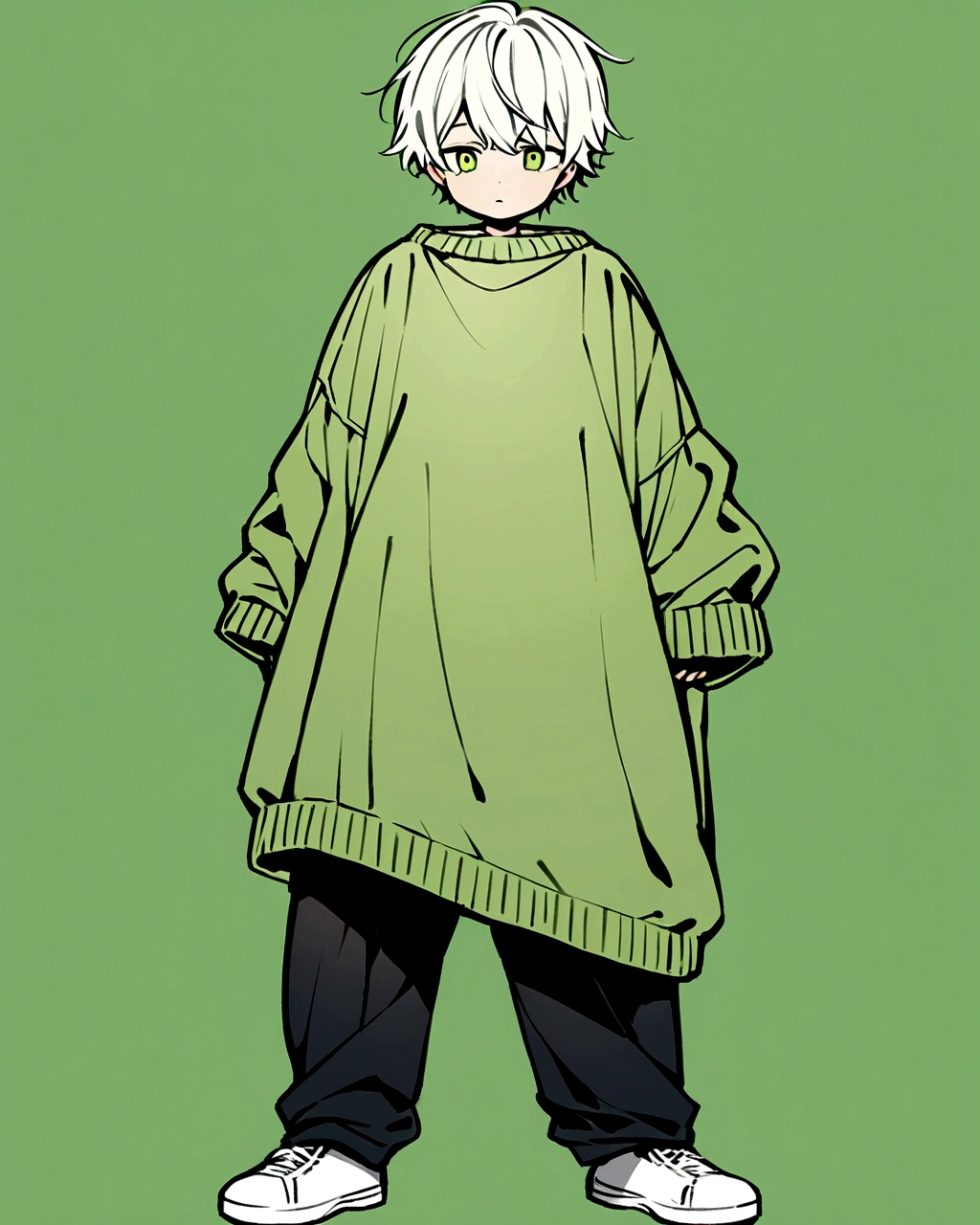 Create an illustration of a solo boy's character standing in a relaxed pose against a solid green background. The character should wear oversized clothes: a green sweater paired with black pants. They should have white shoes, and their expression should convey a sense of calm or contentment.