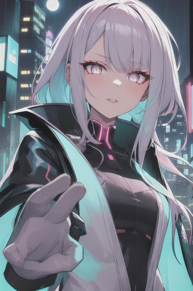 lucy \(cyberpunk\), 1girl, hair scrunchie, hime cut, silver hair, colored tips, full moon, grey eyes, jacket, long sleeves, looking at viewer, medium hair, multicolored hair, parted bangs, parted lips, pink hair, portrait, red eyeliner, red lips, solo, white jacket, cyberpunk \(series\), rainy night in a cyberpunk city with glowing neon lights