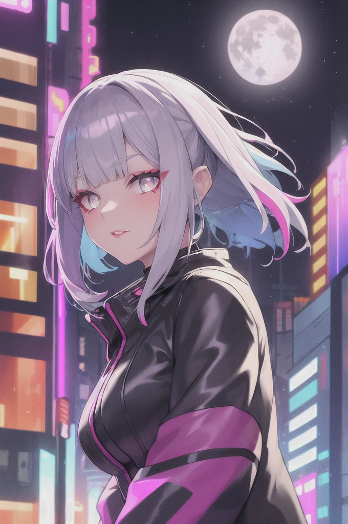 lucy \(cyberpunk\), 1girl,  hair scrunchie, hime cut, silver hair, colored tips, full moon, grey eyes, jacket, long sleeves, looking at viewer, medium hair, multicolored hair, parted bangs, parted lips, pink hair, portrait, red eyeliner, red lips, solo, white jacket, cyberpunk \(series\), rainy night in a cyberpunk city with glowing neon lights

 