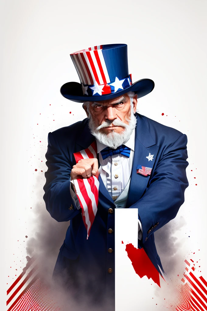 A of Uncle Sam, a stern-faced older man with a white beard and a top hat decorated with stars and stripes. He directly confronts the viewer with a determined expression and points his right index finger out of the frame. The background is kept simple, with bold red, white, and blue stripes filling the space behind him. Text in a strong, bold font reads "I WANT YOU" positioned prominently below Uncle Sam. Aim for a bold, graphic style reminiscent of wartime propaganda posters.