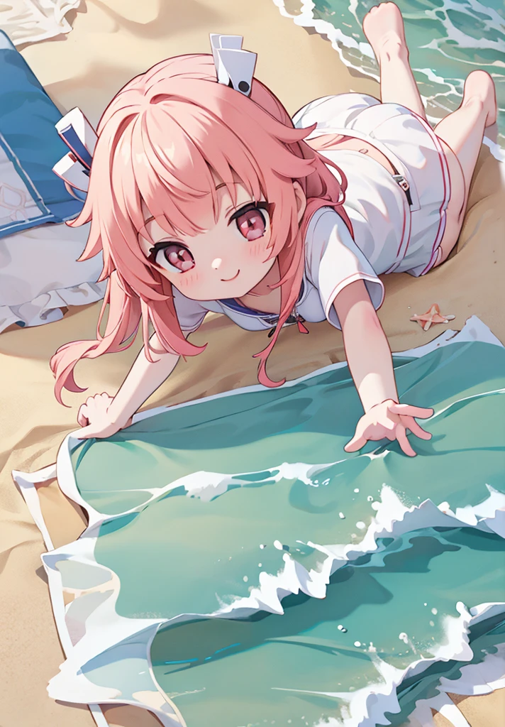 Highest quality、masterpiece、beautiful、Detailed、Age: 12、Beach、dynamic pose、Angle from below、smile