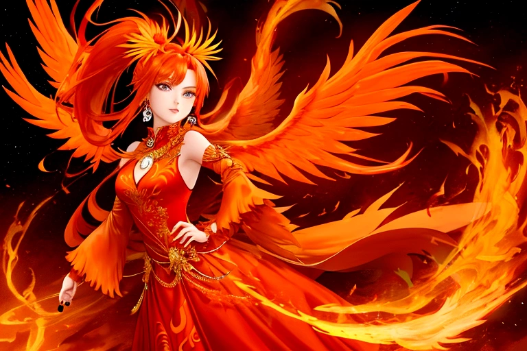 Phoenix girl, orange hair, long ponytail hair, orang eyes that symbolizes fire, flame feather accessories, elegant dress with the design of being a phoenix, has a phoenix tail and flame wings, wearing elegant orange and red gemstones, a lot of flame feather design on outfit, with a bow on hand with a lot of flame feather design.