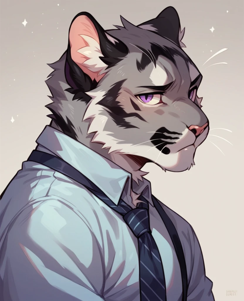 Male, anthropomorphic, cat, bengal, gray fur, purple eyes, twink body, neutral look, clothed, bedroom background