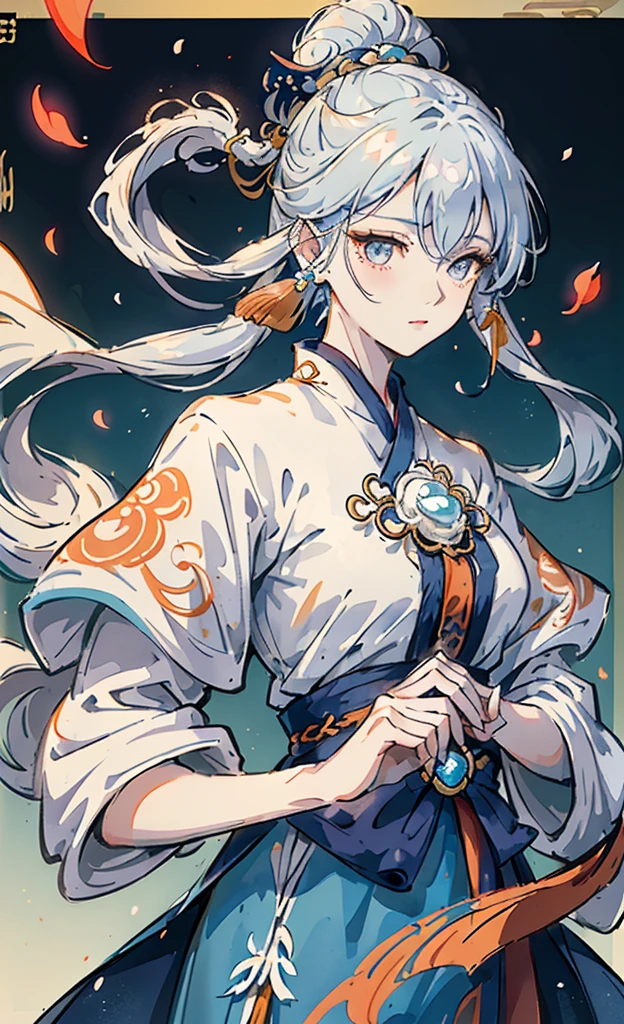 Mature girl , dark orange eyes, blue and white hair color, floating hair, delicate and smart eyes, intricate damask hanfu, gorgeous accessories, wearing pearl earrings, fov, f/1.8, masterpiece, ancient Chinese architecture, blue sky, flower petals flying, front portrait shot, Chang'e, side lighting, sunlight on people, 8K