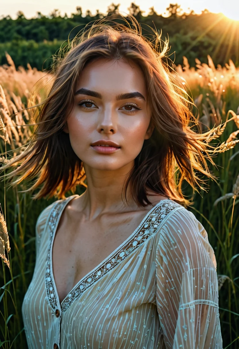 a woman standing in a field of tall grass with the sun setting, gorgeous woman, cinematic beautiful natural skin, attractive woman, attractive girl, photo of a beautiful woman, gorgeous attractive face, extremely beautiful face, in a field, beautiful female model, portrait of a beautiful model, soft portrait shot 8 k, beautiful delicate face, a beautiful young woman, attractive beautiful face