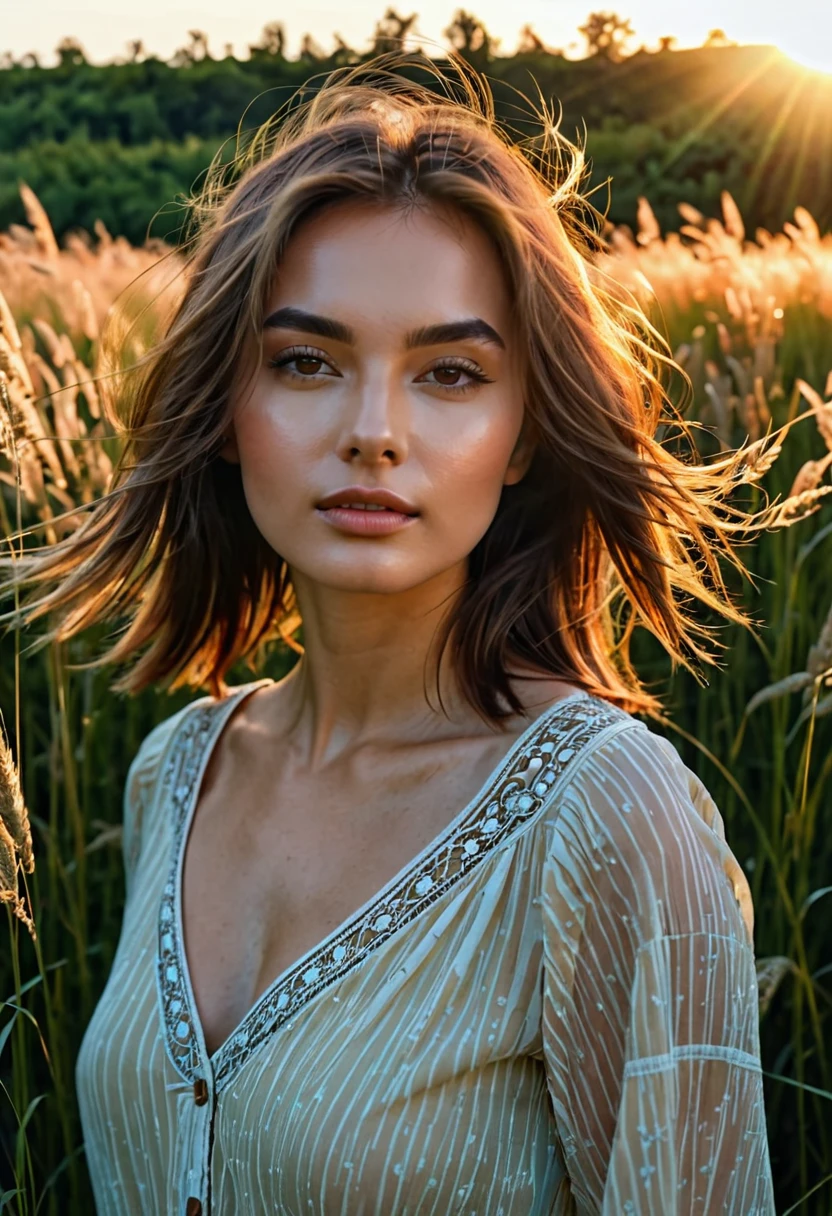 a woman standing in a field of tall grass with the sun setting, gorgeous woman, cinematic beautiful natural skin, attractive woman, attractive girl, photo of a beautiful woman, gorgeous attractive face, extremely beautiful face, in a field, beautiful female model, portrait of a beautiful model, soft portrait shot 8 k, beautiful delicate face, a beautiful young woman, attractive beautiful face