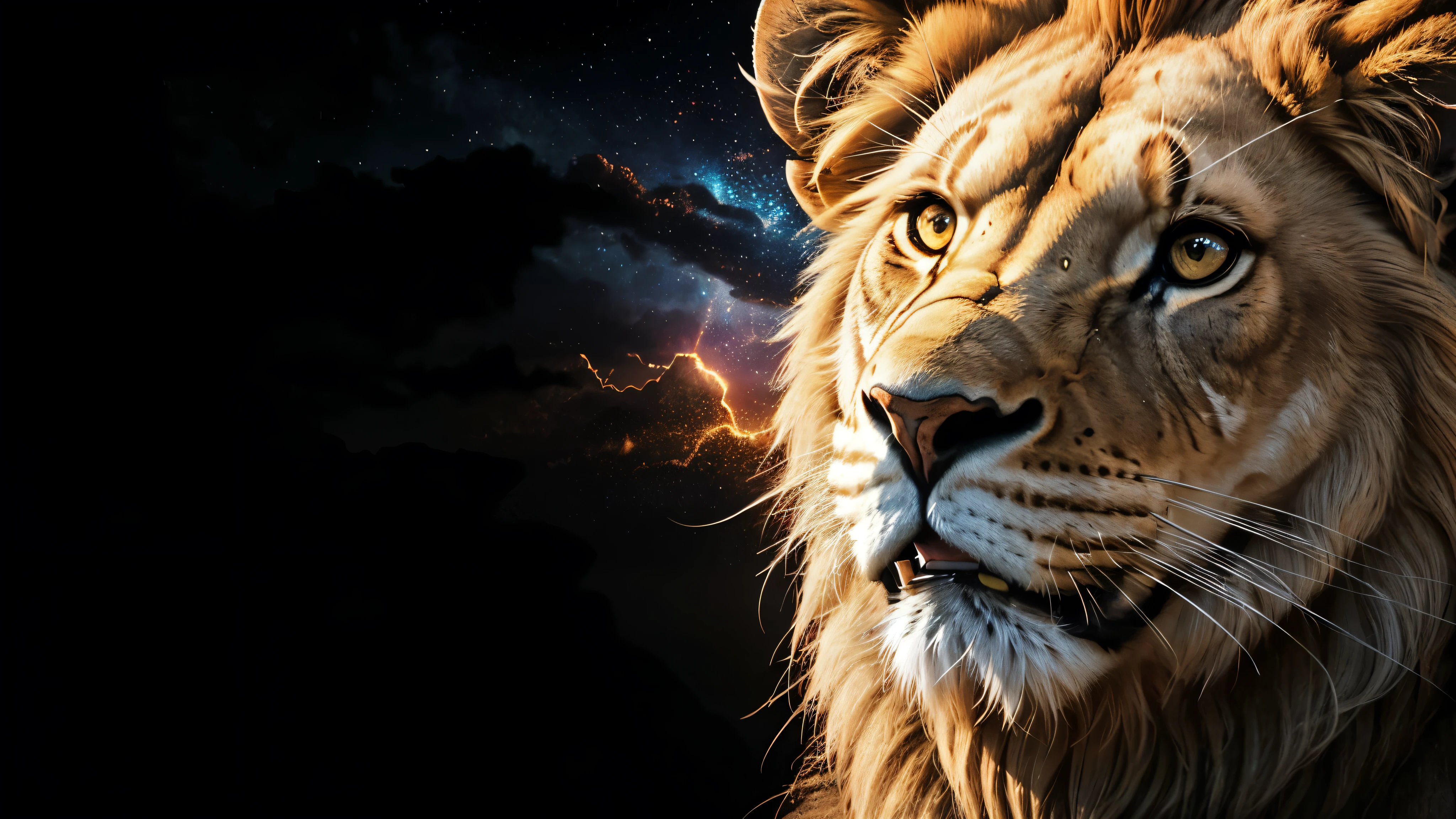 Lion, Divine Lion, naturals, naturals, ferocious, masculine, mighty, golden lion, Powerful Lion, Beautiful nature, Great Realistic Lion, FullHD 8K, Sky ligh, Sunset Night, Ligh Sky Sun, Balck Golden, black andwhite, black and gold, detailed realistic face, 8K Detailed Realistic White Lion, Ultrarealistic 8k |Energia de thunder realista detalhada, Strong Creature realista detalhada, Strong Creature, Lion macho, Rendering, Fotorrealista 8K, UltraHD Alta definição 8K, Detailed Realistic 16K, Nitidez Fotorrealista 8K, 16K photorealistic textures, Contraste Fotorrealista 8K, Sombras Fotorrealistas 8K, Luzes Fotorrealistas 8K, Detailed realistic sunset, Detailed Realistic Lion Face, Detailed realistic light, detailed textures, thunder, detailed shadows, detailed colors, Celestial Electricity, Golden thunder, Lion realista, Ultra Realistic 16K, Realistic 16K, Realistic 16K sharpness, 16K photorealistic textures, 16K realistic colors, powerful creature, Majestic power, Power of Heaven, Great Divine, detailed contrast, realistic contrast, high resolution, detailed colors, fire, villany, divine creature, 8K, realistic detailed, 16K, 8K, High definition, detailed contrast, realistic contrast, high resolution, detailed colors, fire, villany, divine creature, realistic detailed, posh, chic
