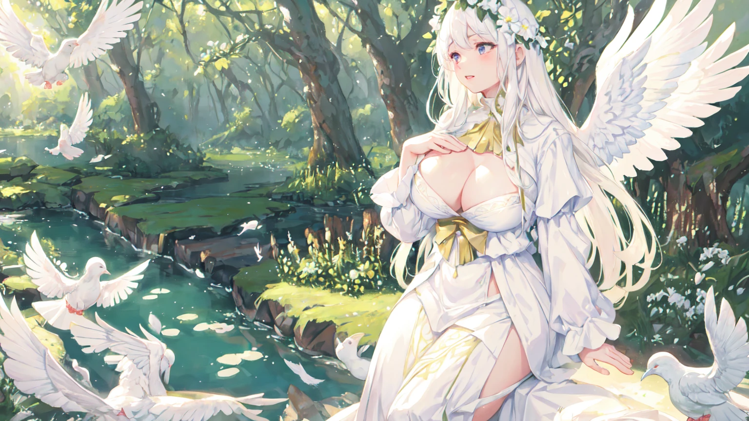 a 29 years old beautiful woman with long white hair, european face ,beautifull wings, huge tits, 2 beautifull white angelic wings, praying,white clothes, surrounded by white doves, serene and peaceful expression, ethereal and heavenly, 4k, high quality, intricate details, photorealistic, dramatic lighting, vibrant colors, beautifull scenerie, beautifull light, a peaceful garden, lush greenery, blooming flowers, serene atmosphere, warm sunlight, calming pond, tranquil landscape, beautiful scenery, natural environment, idyllic setting, (best quality,4k,8k,highres,masterpiece:1.2),ultra-detailed,(realistic,photorealistic,photo-realistic:1.37),landscape,vibrant colors,soft lighting,natural lighting, wonderfull woman, dove
