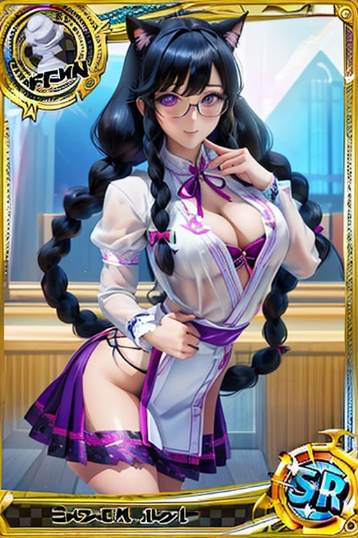 Trading card of (top-quality、tmasterpiece、Very high resolution、super high image quality、High-quality pixels)、perfect eyes, perfect face, solo,8K, F cup breast,(Detailed description of hair), (Detailed description of face),(Detailed description of body), fair and clear skin, matchless beauty, long legged, facing the audience, professional photographic lighting,detailed purple eyeballs,girlfriend style,gentle expression,cowboy shot,hanekawa tsubasa, hanekawa tsubasa, long hair, black hair, hair ornament, (purple eyes:1.1), braid, hairclip, twin braids, naoetsu high school uniform, glasses, skirt, Red bow on chest, purple , Age 20,mature,furry cat ear,cleavage,ssmile,cat posture