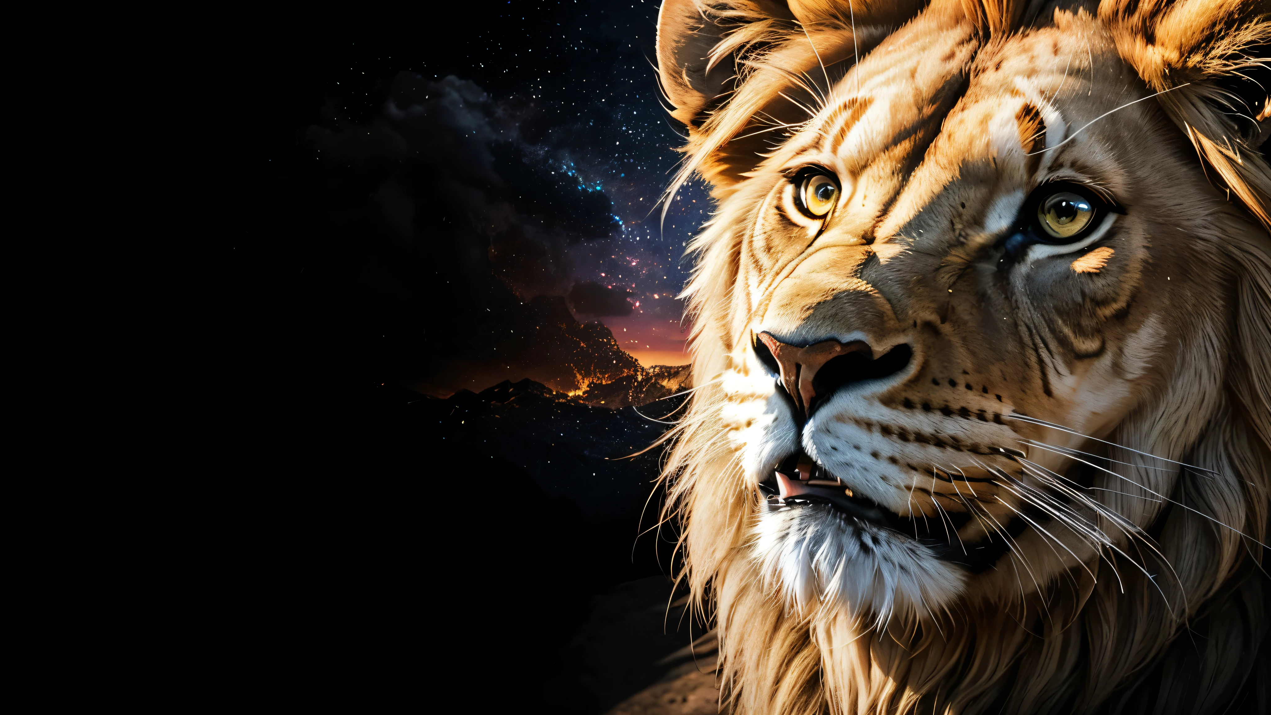 Lion, Divine Lion, naturals, naturals, ferocious, masculine, mighty, golden lion, Powerful Lion, Beautiful nature, Great Realistic Lion, FullHD 8K, Sky ligh, Sunset Night, Ligh Sky Sun, Balck Golden, black andwhite, black and gold, detailed realistic face, 8K Detailed Realistic White Lion, Ultrarealistic 8k |Energia de thunder realista detalhada, Strong Creature realista detalhada, Strong Creature, Lion macho, Rendering, Fotorrealista 8K, UltraHD Alta definição 8K, Detailed Realistic 16K, Nitidez Fotorrealista 8K, 16K photorealistic textures, Contraste Fotorrealista 8K, Sombras Fotorrealistas 8K, Luzes Fotorrealistas 8K, Detailed realistic sunset, Detailed Realistic Lion Face, Detailed realistic light, detailed textures, thunder, detailed shadows, detailed colors, Celestial Electricity, Golden thunder, Lion realista, Ultra Realistic 16K, Realistic 16K, Realistic 16K sharpness, 16K photorealistic textures, 16K realistic colors, powerful creature, Majestic power, Power of Heaven, Great Divine, detailed contrast, realistic contrast, high resolution, detailed colors, fire, villany, divine creature, 8K, realistic detailed, 16K, 8K, High definition, detailed contrast, realistic contrast, high resolution, detailed colors, fire, villany, divine creature, realistic detailed, posh, chic