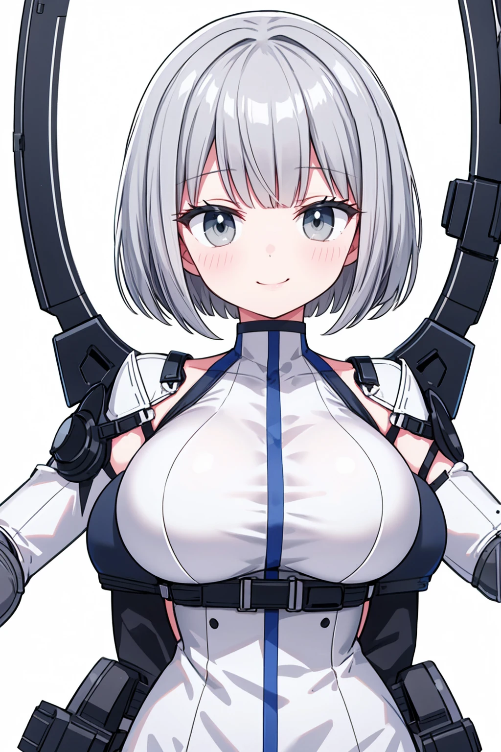 whole body,Standing posture, (Gray Hair,Bobcut,) (Super big breasts,,), (beautifully drawn face:1.2) (Straightjacket) A determined smile,(White background) 