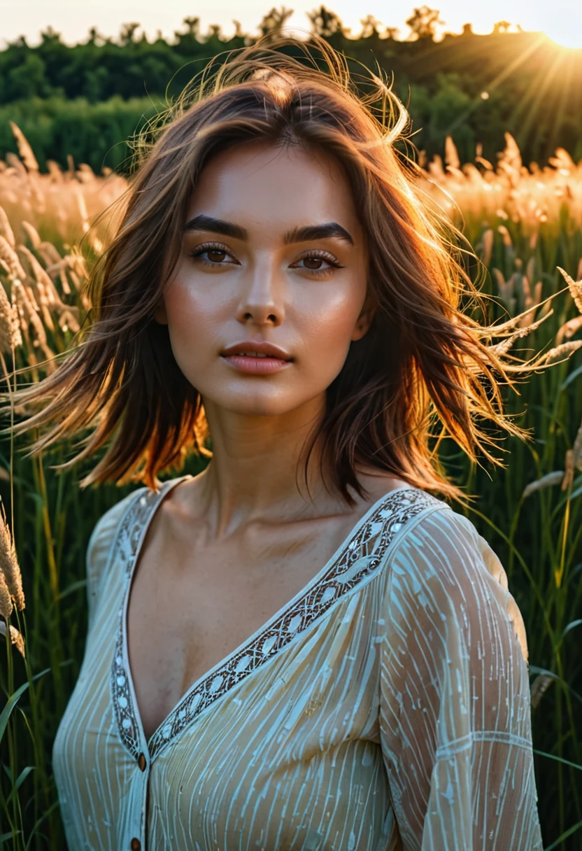 a woman standing in a field of tall grass with the sun setting, gorgeous woman, cinematic beautiful natural skin, attractive woman, attractive girl, photo of a beautiful woman, gorgeous attractive face, extremely beautiful face, in a field, beautiful female model, portrait of a beautiful model, soft portrait shot 8 k, beautiful delicate face, a beautiful young woman, attractive beautiful face
