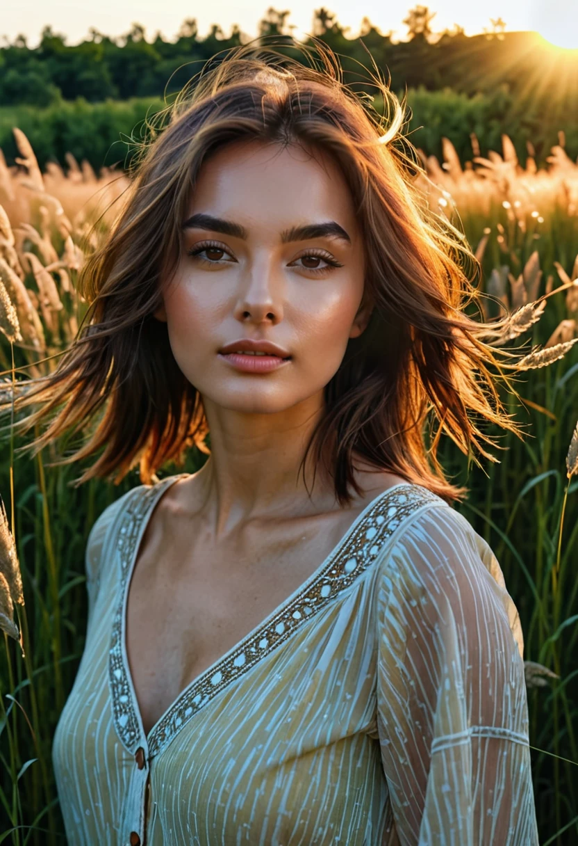a woman standing in a field of tall grass with the sun setting, gorgeous woman, cinematic beautiful natural skin, attractive woman, attractive girl, photo of a beautiful woman, gorgeous attractive face, extremely beautiful face, in a field, beautiful female model, portrait of a beautiful model, soft portrait shot 8 k, beautiful delicate face, a beautiful young woman, attractive beautiful face