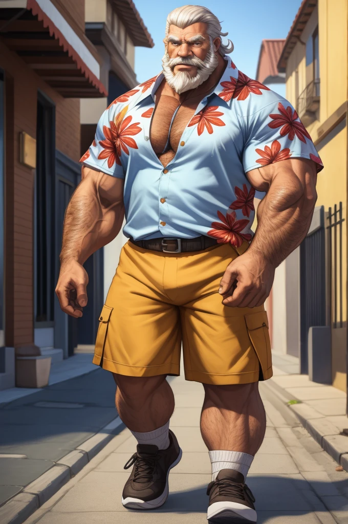Huge muscular old man in street old man, bearded. white hair and beard, bearded, muscular, pectoral, wide pectoral, thick arms, massive muscular, realistic, 8k, masterpiece, semi realistic:1.2, (wearing shorts and Hawaiian shirt, shoes)