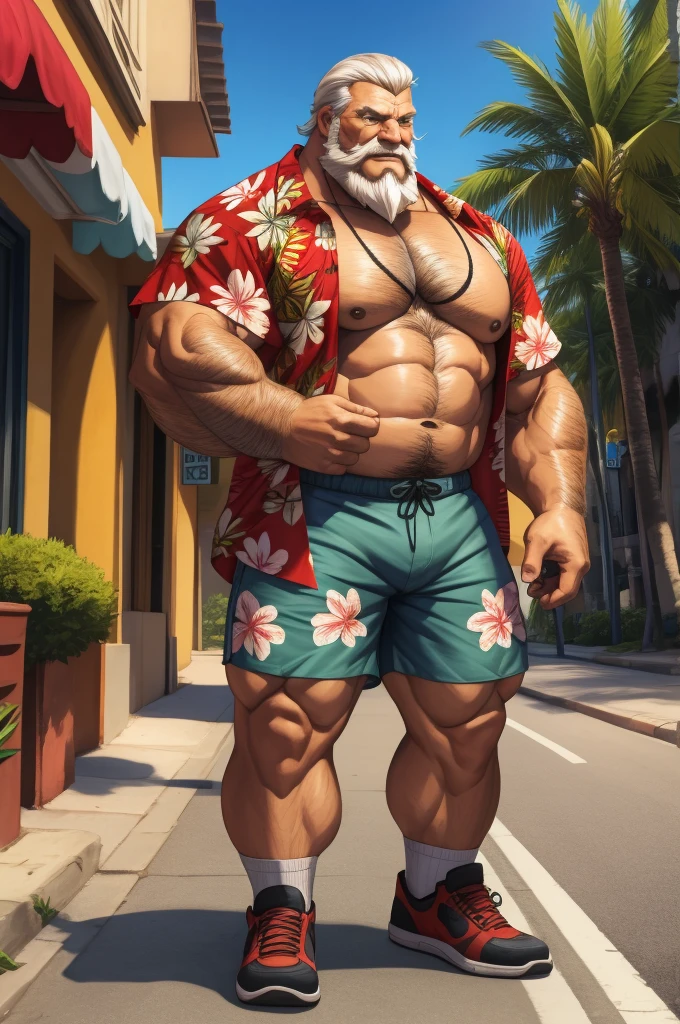 Huge muscular old man in street old man, bearded. white hair and beard, bearded, muscular, pectoral, wide pectoral, thick arms, massive muscular, realistic, 8k, masterpiece, (wearing shorts and white Hawaiian shirt, shoes)
