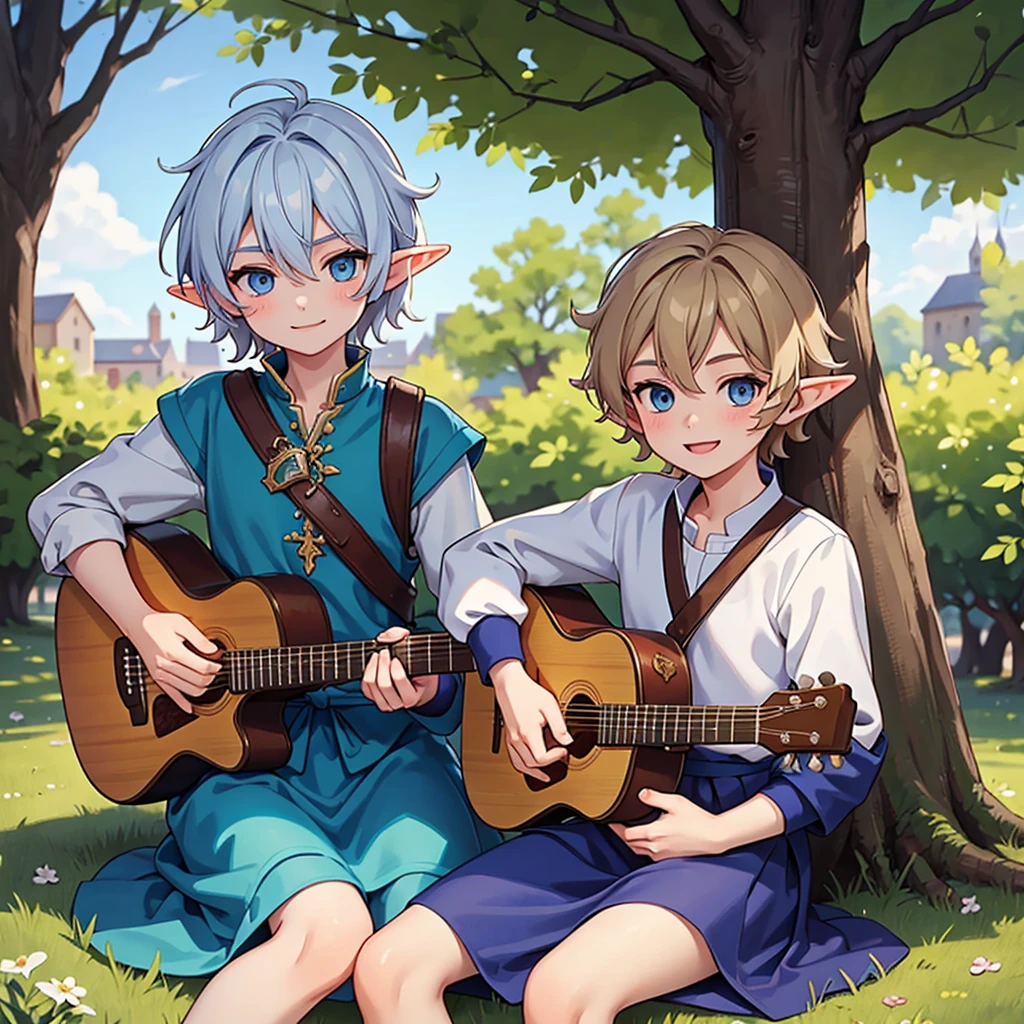 Beautiful, high quality, a 11 years old elf boy, twink body, blue eyes, cute face, messy hair, smiling, wearing a medieval boy style clothes, playing a guitar, sit under the tree in a medieval city