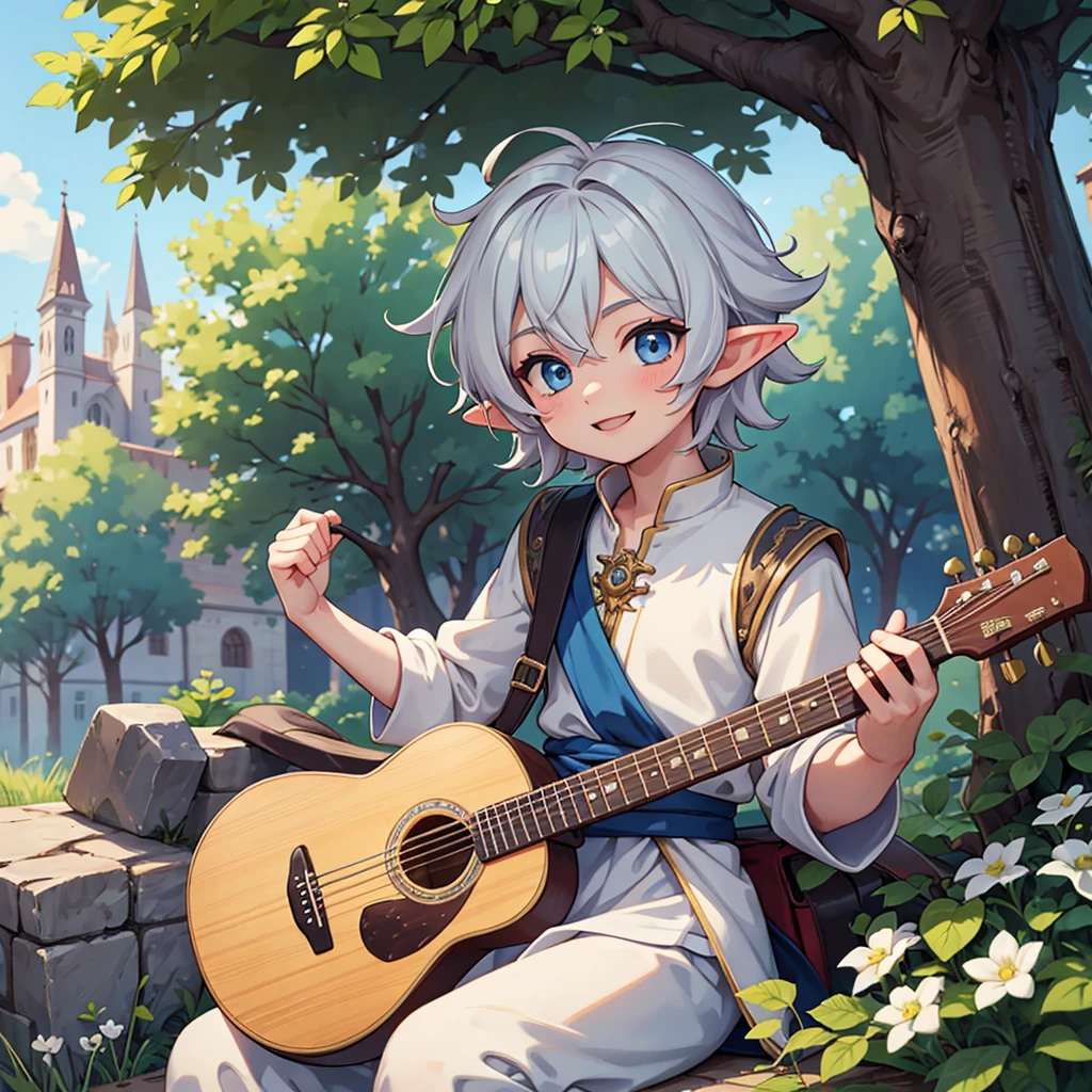 Beautiful, high quality, a 11 years old elf boy, twink body, blue eyes, cute face, messy hair,  smiling, wearing a medieval boy style clothes, playing a guitar, sit under the tree in a medieval city