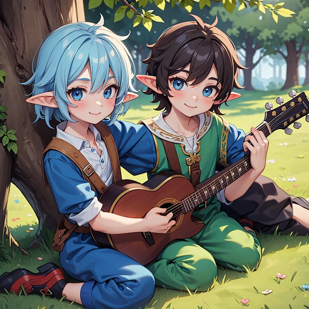 Beautiful, high quality, a elf boy, twink body, blue eyes, cute face, messy hair, smiling, wearing a medieval boy style clothes, playing a guitar, sit under the tree in a medieval city