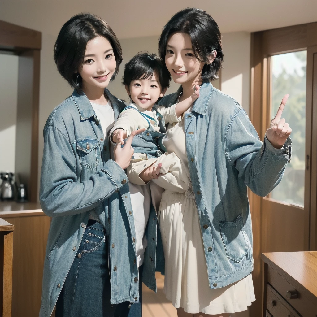 Highest quality,masterpiece,Ultra-high resolution,Perfect Anatomy,(truth:1.4),RAW Photos,smile,Children of short-haired boys,Woman with long hair and 2 boy with short hair,a woman and small boy, Mom and short-haired son,Gorgeous Mother And Smiley Boy,(Big tree々Parks and)(((Big treeの後ろに隠れている母)))、(hide and seek)Cowboy Shot,Cinema Lighting,Fashion model parents,Adorable,, (Browsing Caution:1.2)、(母親を探しているBlack Hairの赤ちゃん)、(Long-haired mom and short-haired son)、(A mother in a khaki jacket and her son in a light blue jacket)、 A confident smile, When talking on the phone、Two students making a gesture commonly associated with the peace sign, skirt, Black Hair, indoor, shirt, ((((Complete faithful finger))))